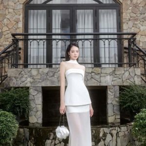 Chân váy dài tơ phối vạt ngắn bên trong