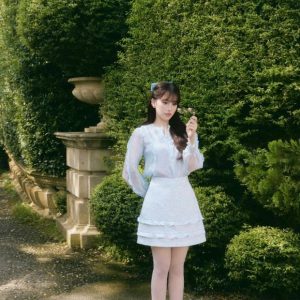 Set váy Xuân Hè cổ tròn phối bèo dọc