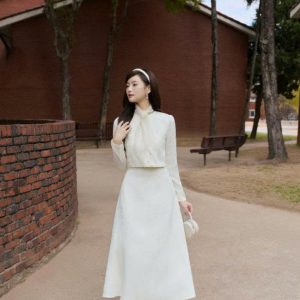 Set gấm cổ tròn nẹp sóng cách điệu